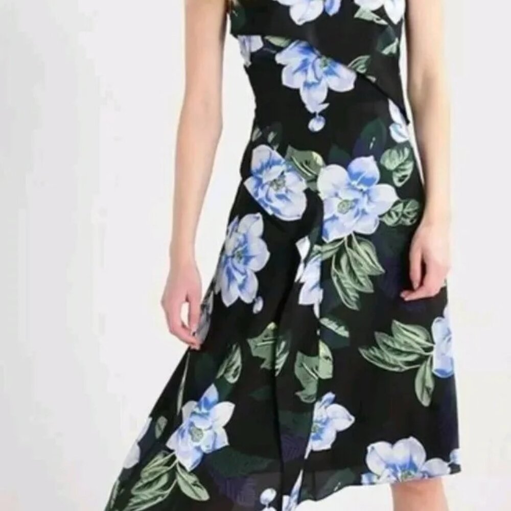 NWOT Banana Republic 4 Petite Asymmetrical Strappy Floral Midi Dress, Blue/Black
